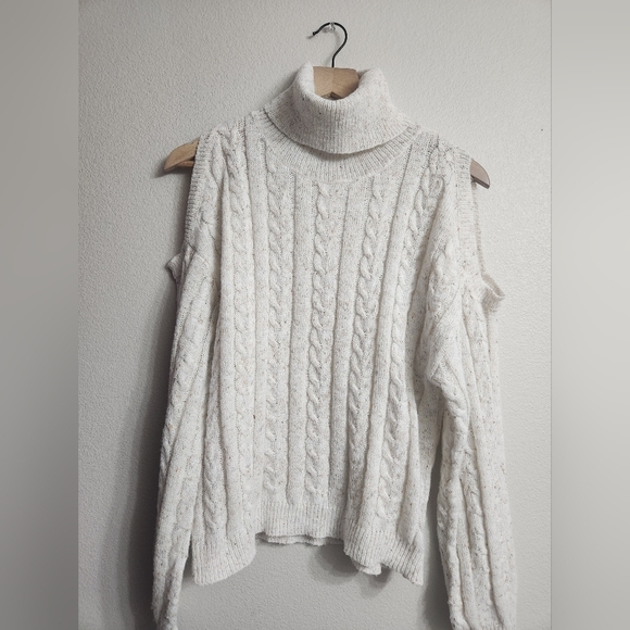 SHEIN Sweaters - Cold Shoulder Cream Cable Knit Turtleneck Sweater